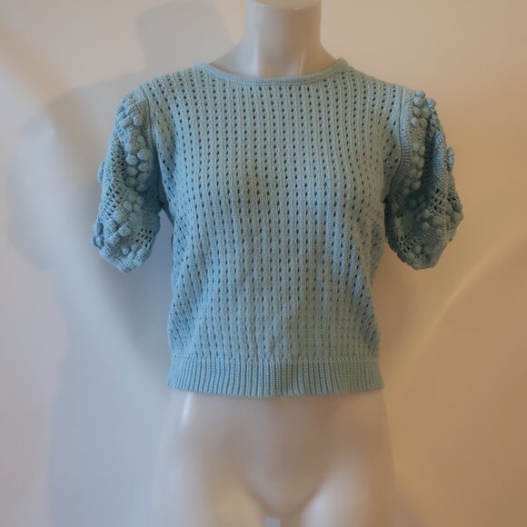 NWT Womens Stella Pardo Paris "Greta" Blue Crochet Short Sleeve Sweater L - Picture 2 of 6